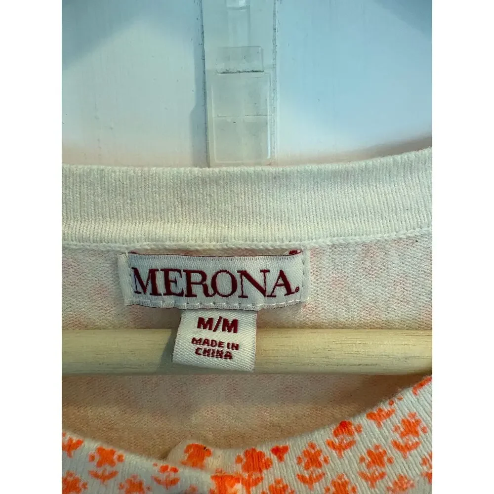 Merona Orange White Floral Knit Cardigan Sweater Cottagecore Grandmacore Medium - Picture 3 of 4